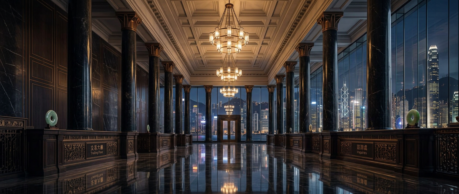香港中环写字楼大理石列柱大堂与维港夜景,象征合规监管与机构级托管