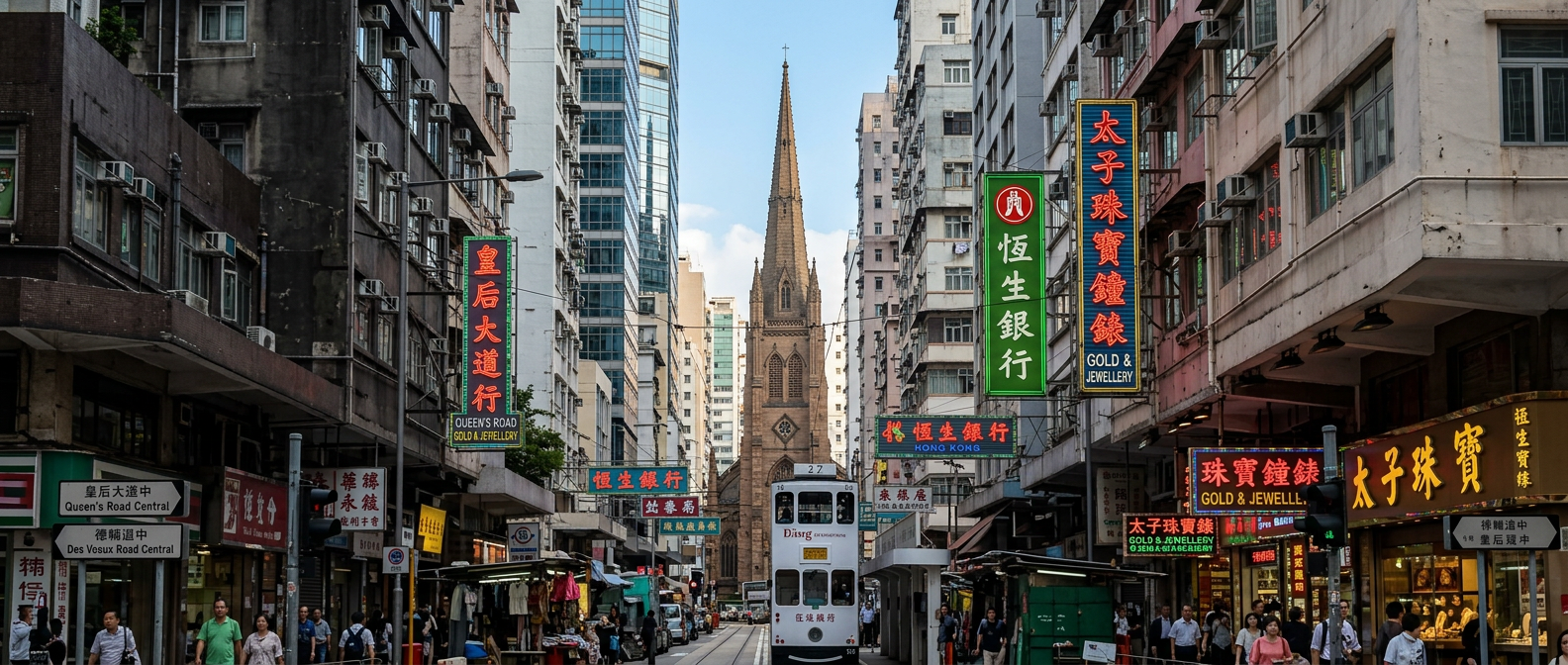 香港中环电车与中英文招牌街景,象征上市公司综合资本服务