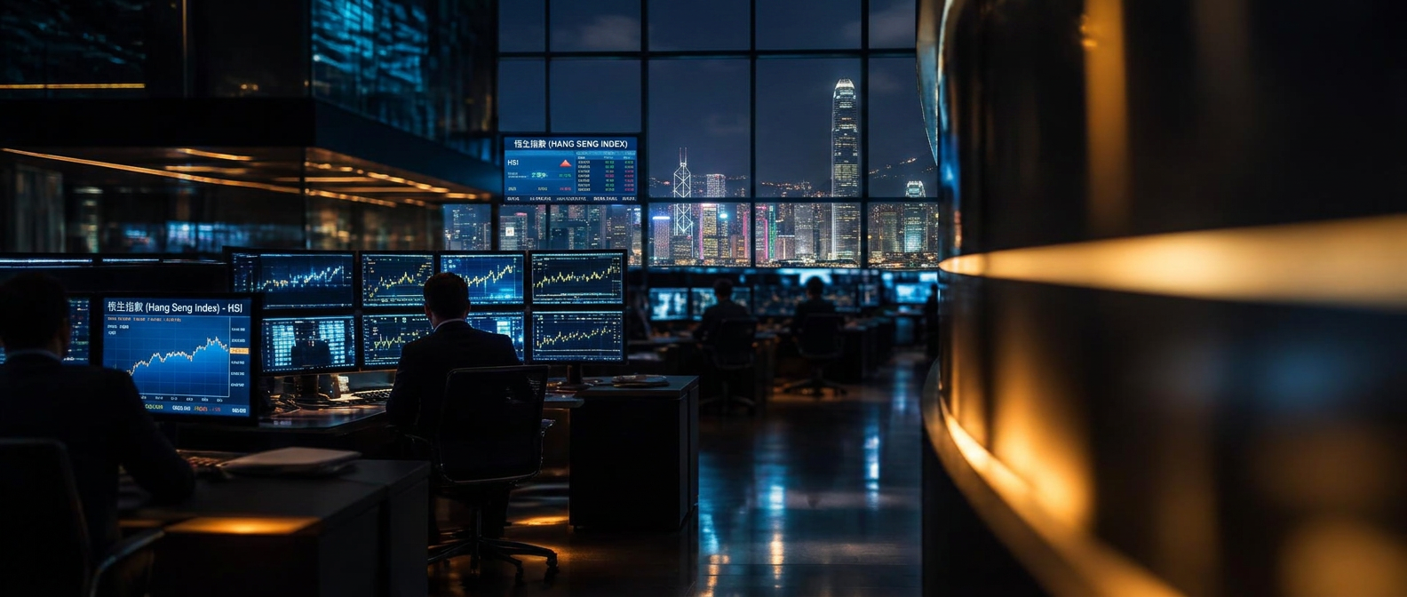 香港金融机构交易大厅内恒生指数多屏终端与维港夜景,象征基金投资与二级市场